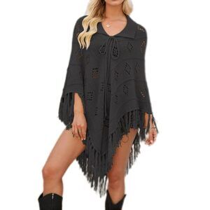 2915 Women's Fashion Fringe Knitted Poncho Cape Lapel Hollow Crochet Shawl